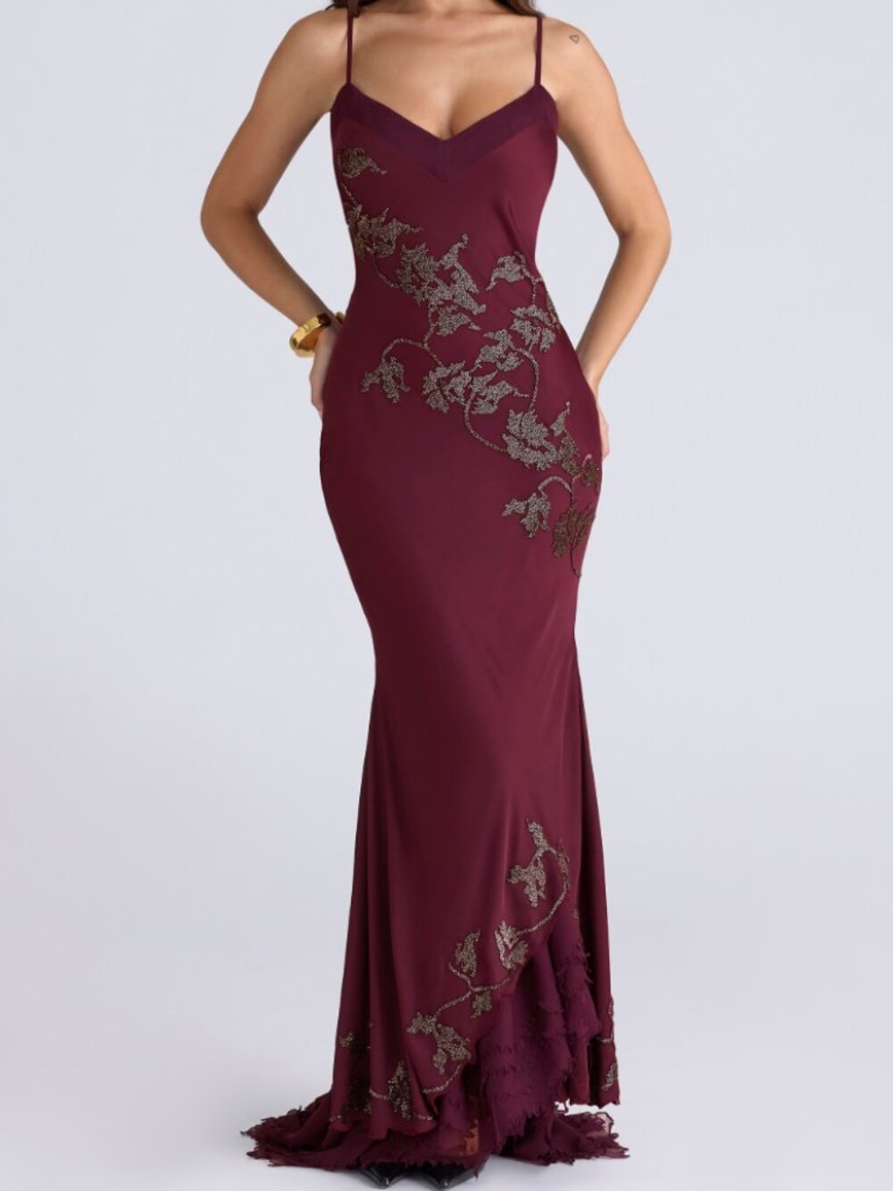 House Of CB Anastelle Hand Beaded Satin Maxi Dress In Plum - Women's Size XS